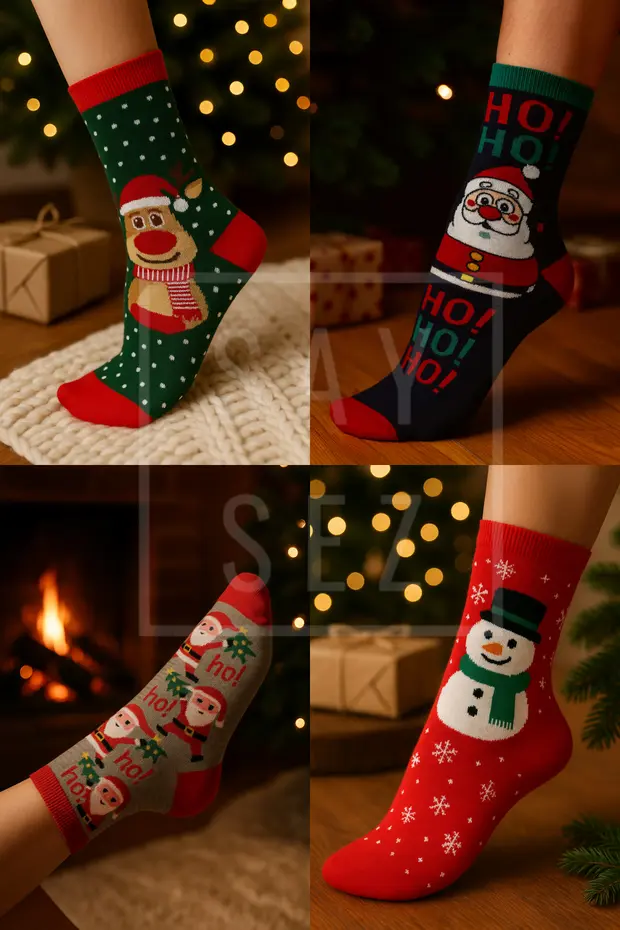 Unisex Yılbaşı Desenli 4'lü Paket Renkli Soket Çorap Christmas Happy New Year Unisex Yılbaşı Desenli 4'lü Paket Renkli Soket Çorap Christmas Happy New Year